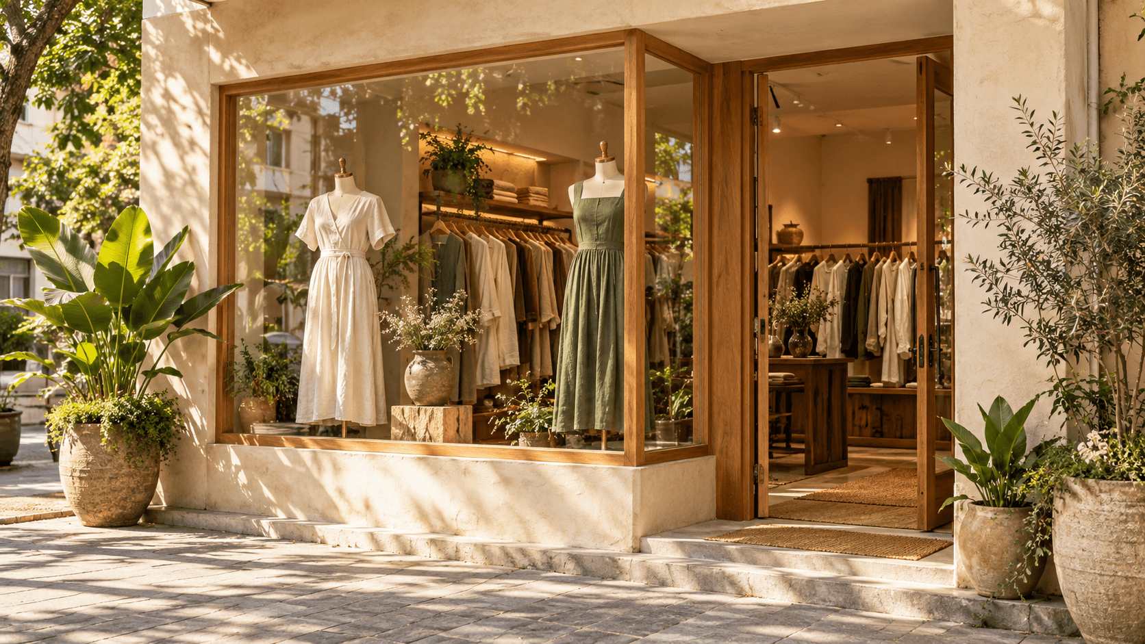 An independent fashion boutique with linen clothing and a welcoming storefront